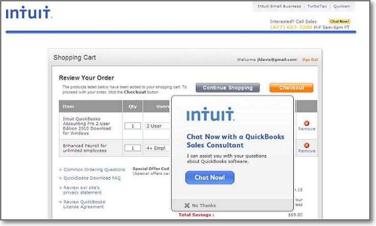 Using proactive chat in the checkout page increased Intuit's average order value by 43% compared to when chat wasn’t used, and 20% increase in conversion rate when proactive chat was used
