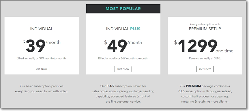pricing page on BombBomb.com