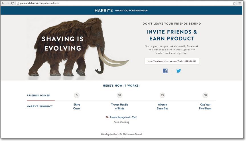 After a user subscribed to Harrys email list they got the thank-you page, which contained a shareable link to the email subsription form