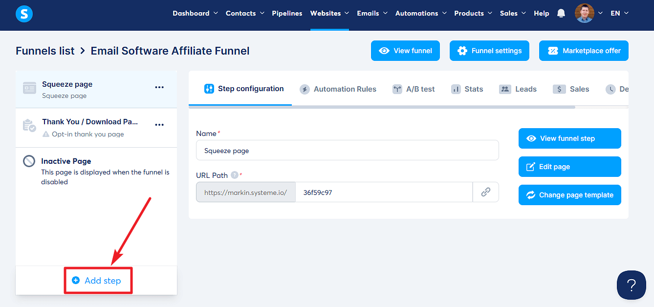 Add New Step in Systeme.io Funnel