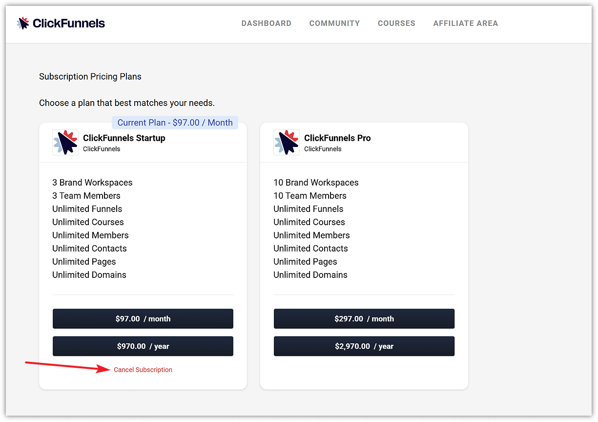 After ClickFunnels 30 Day Trial - Manage Subscription