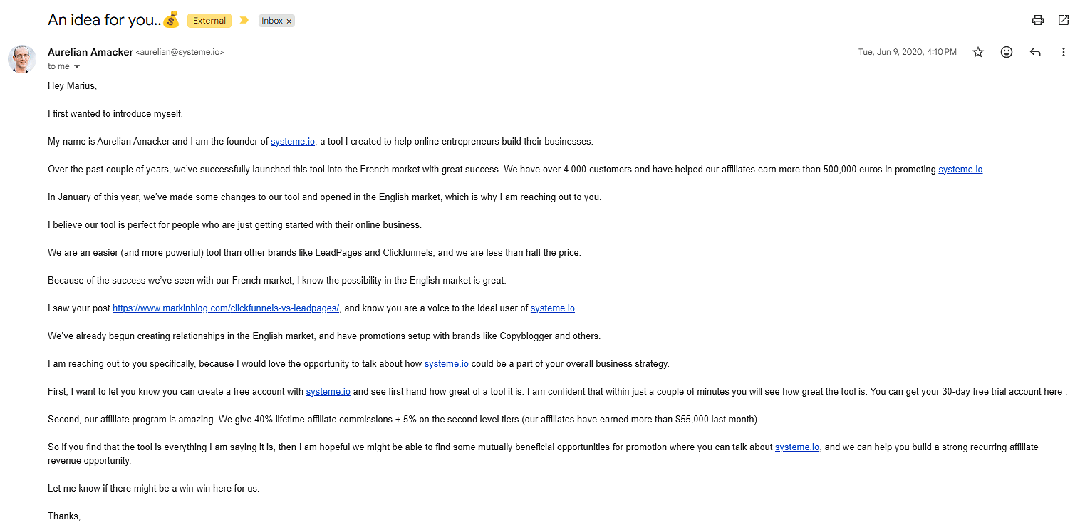 An Email from Aurelian Amacker Inviting to Try Systeme.io