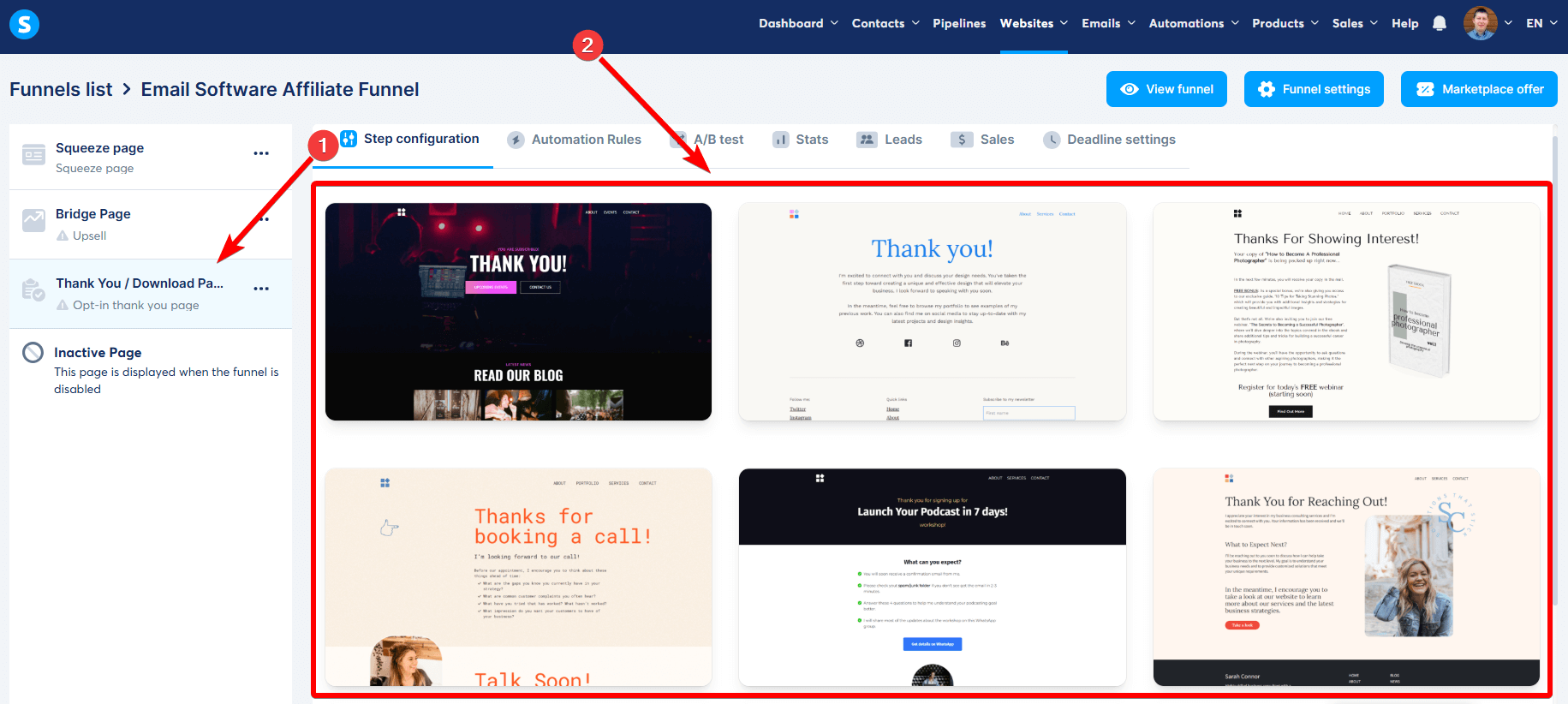 Choose Thank You Page Template in Systeme.io