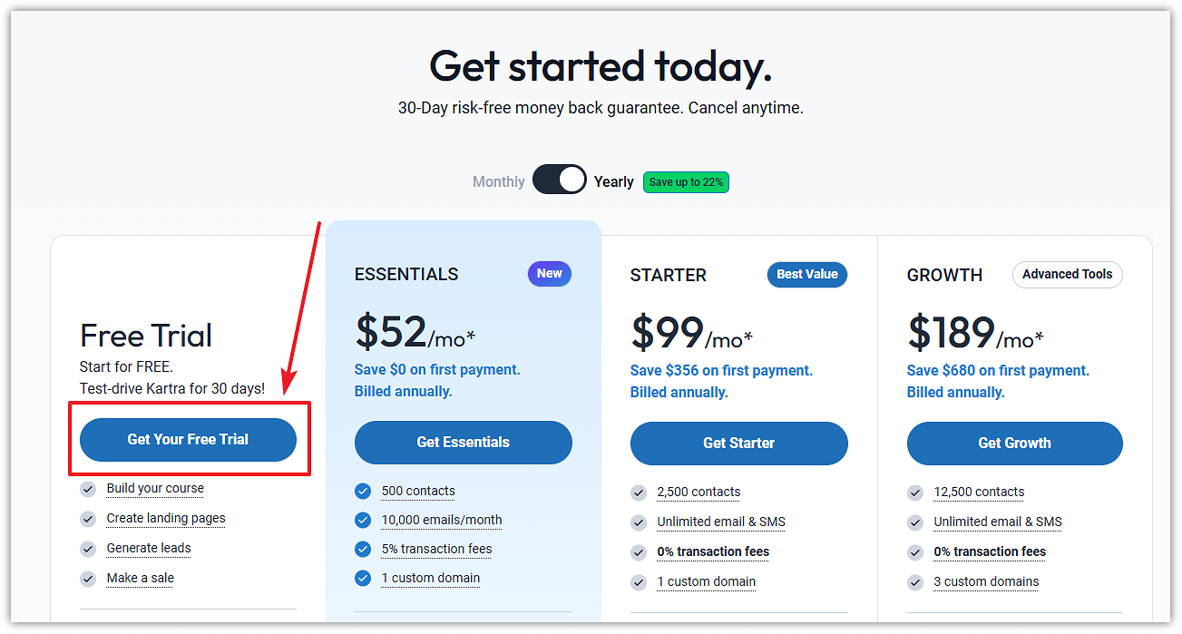 Click on The Get You Free Trial Button for Kartra