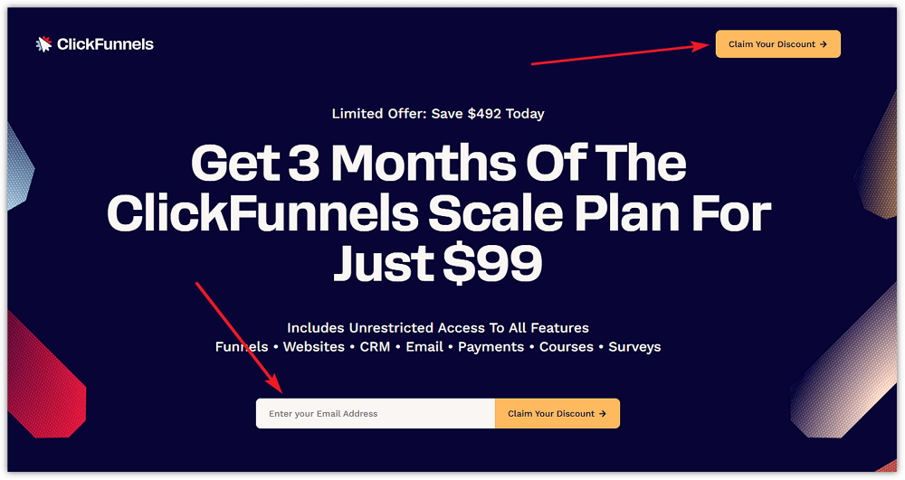 ClickFunnels 3 months for 99 dollars promo page