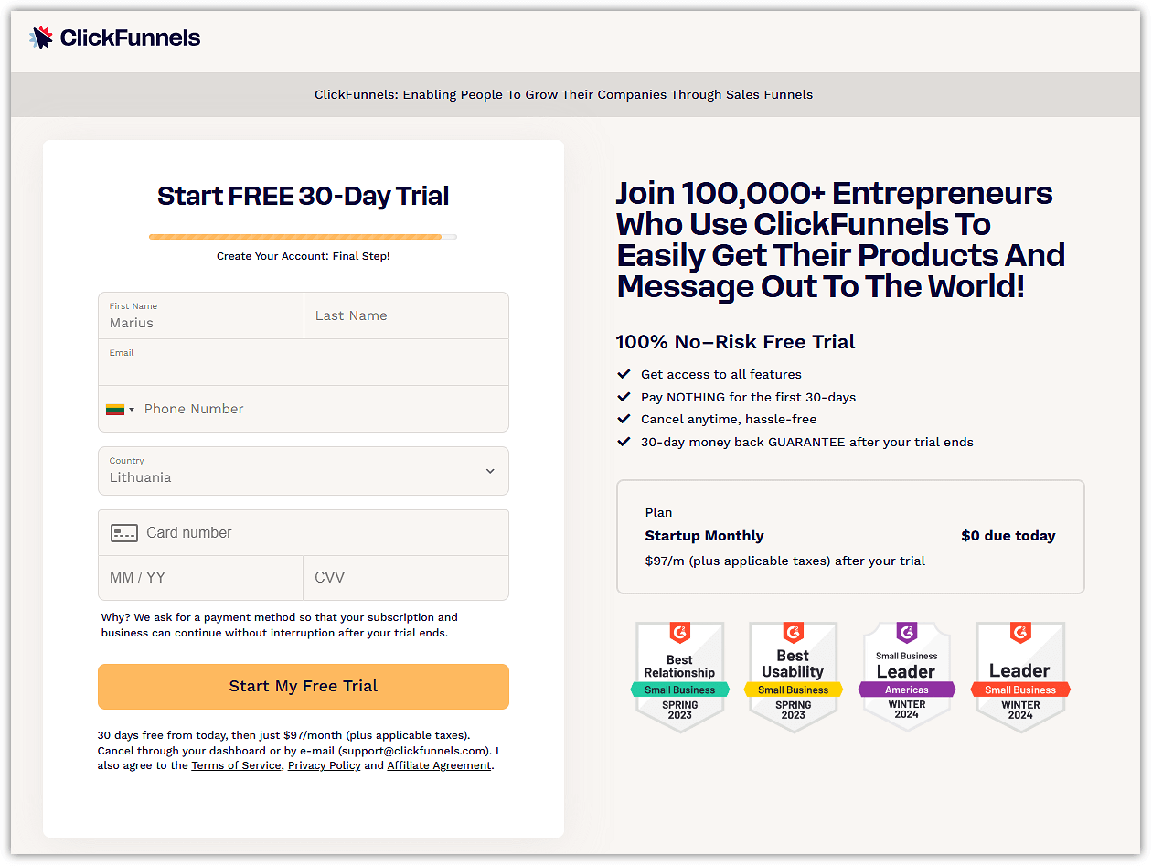 ClickFunnels 30 Day Free Trial - Fill Out the Form