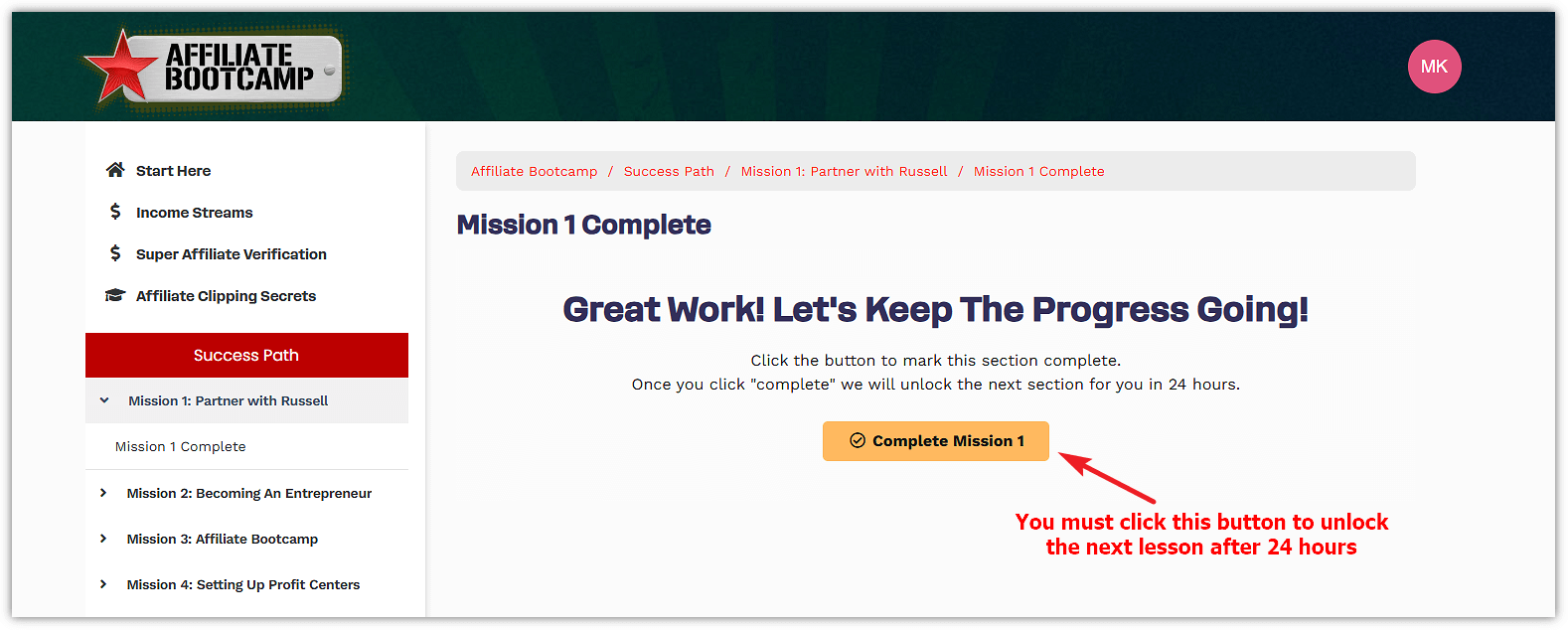 ClickFunnels Affiliate Bootcamp Complete Mission Button