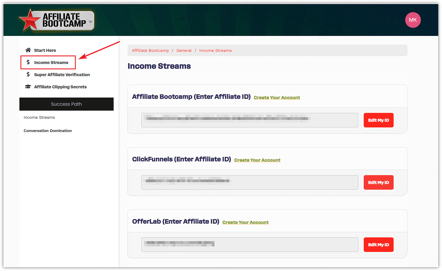 ClickFunnels Affiliate Bootcamp Income Streams Section Dashboard