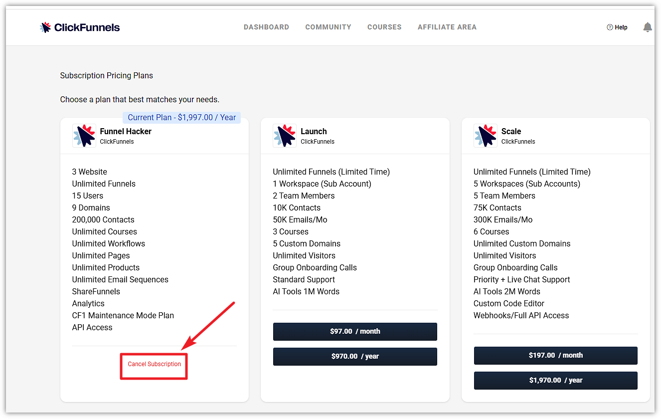 ClickFunnels Cancel Subscription Button
