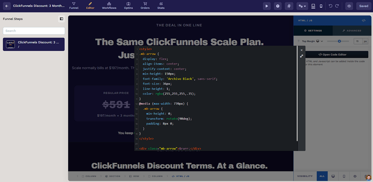 ClickFunnels Custom Code Editor