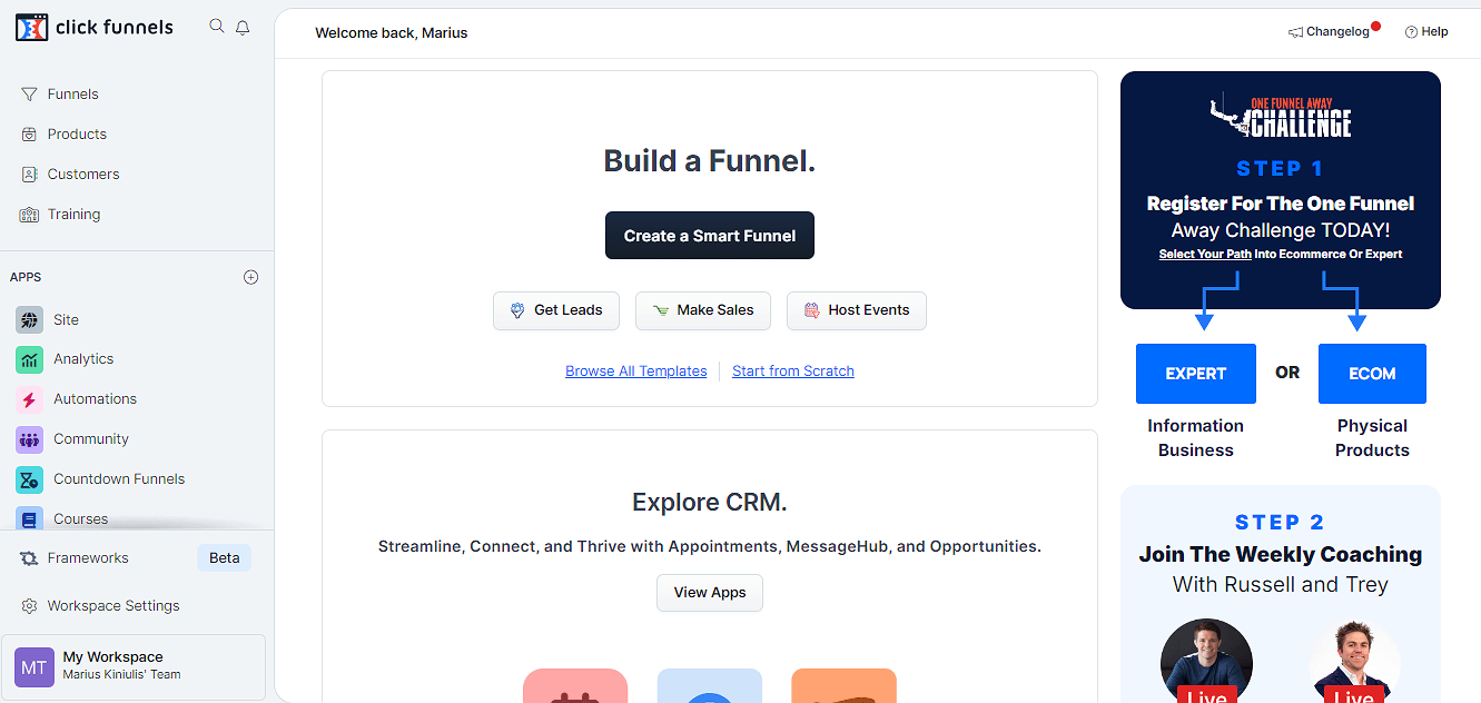 ClickFunnels Inside Account Dashboard