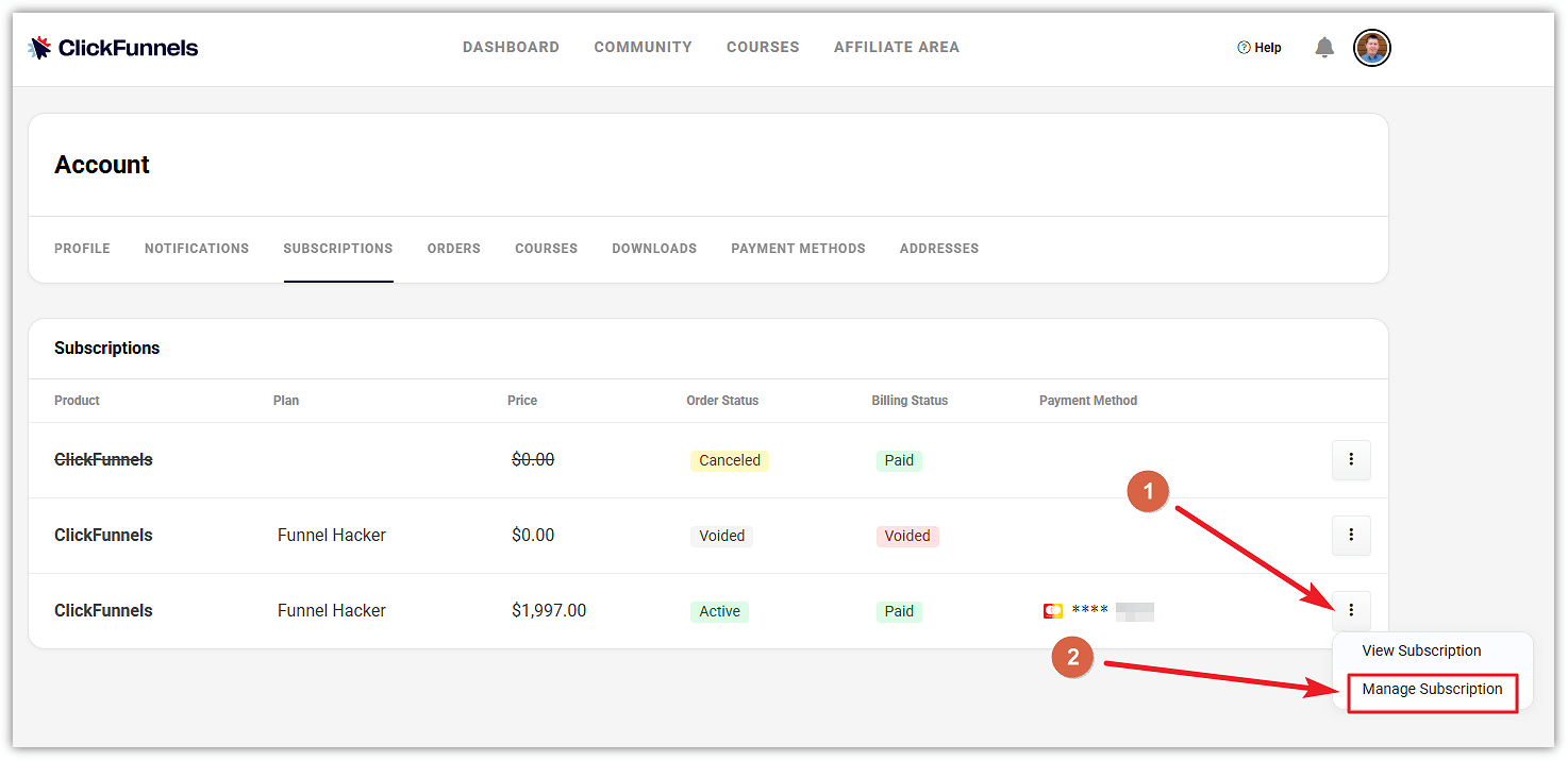 ClickFunnels Manage Subscription