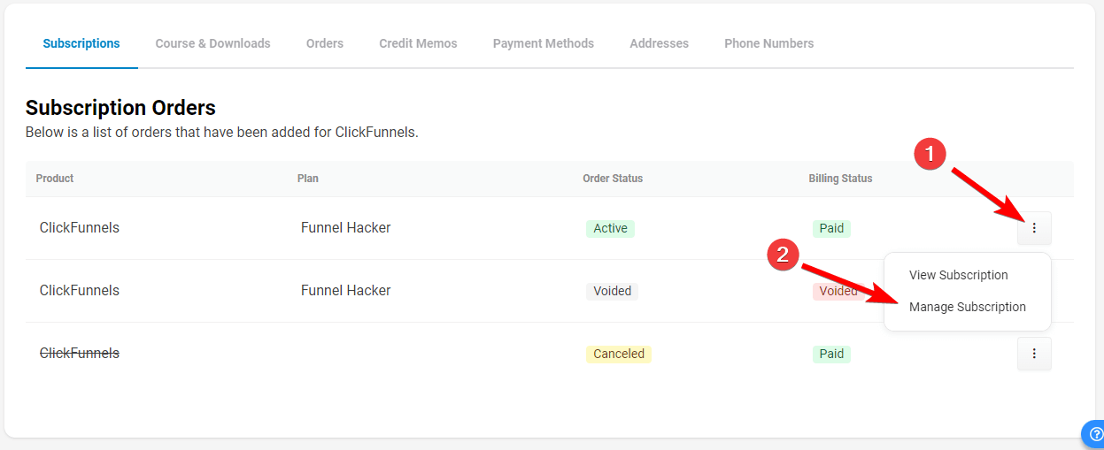 ClickFunnels Manage Subscription