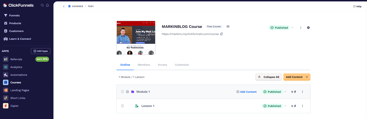 ClickFunnels Markinblog Course Dashboard