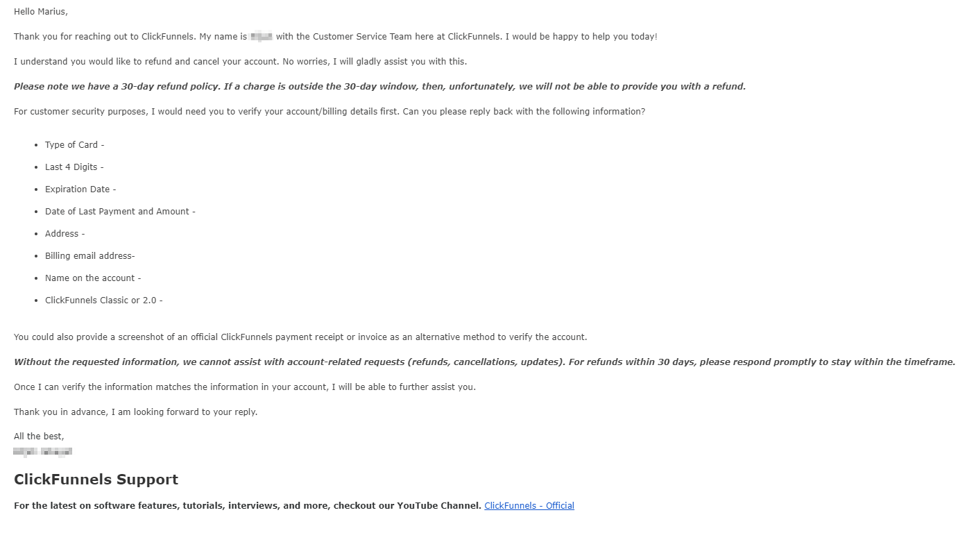 ClickFunnels Money Back Guarantee support answer