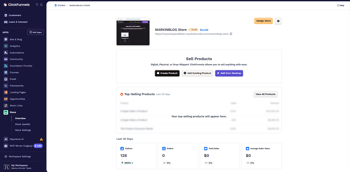 ClickFunnels Store Feature Dashboard