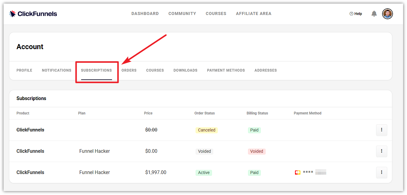 ClickFunnels Subscriptions Tab