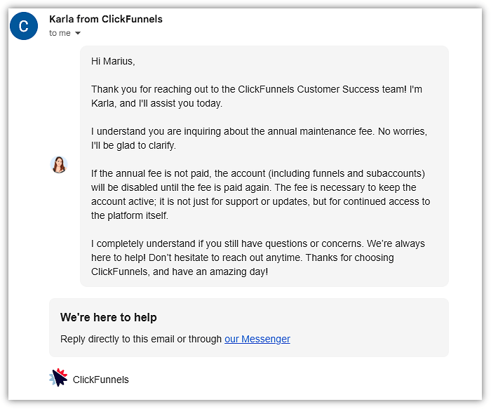 ClickFunnels Support Answer About the 297 Annual Fee