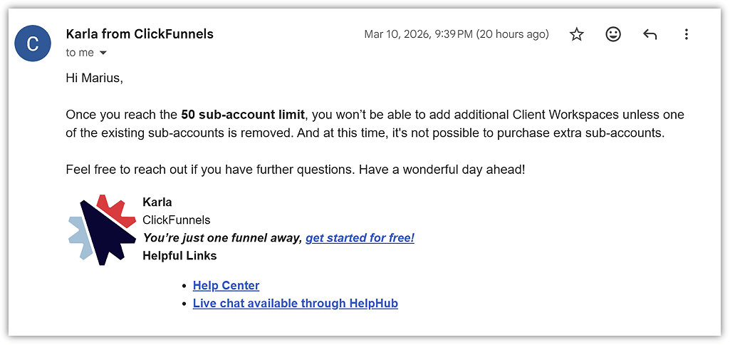 ClickFunnels Support Answer About the 50 Sub-Accounts Limit