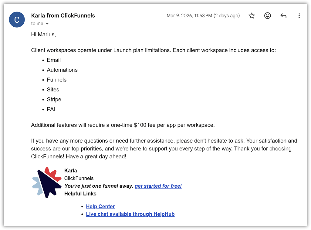 ClickFunnels Support Response About Client Sub-Account Limits
