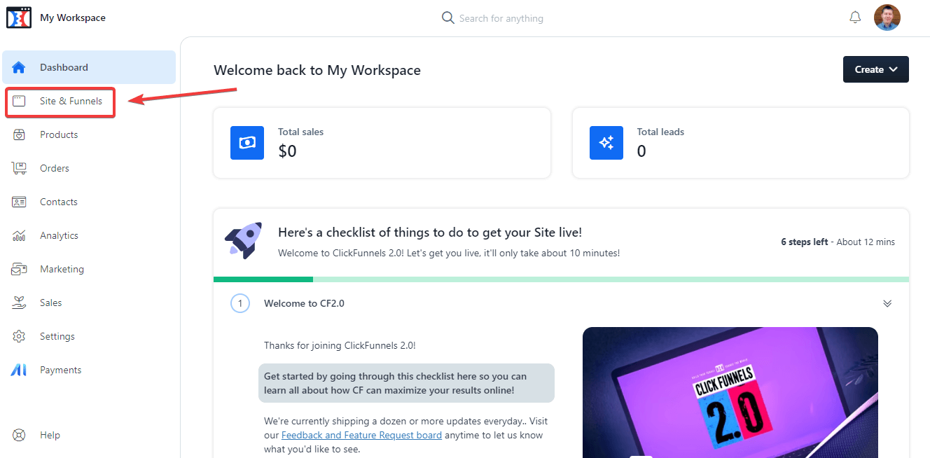 ClickFunnels Tutorial - Sites And Funnels button