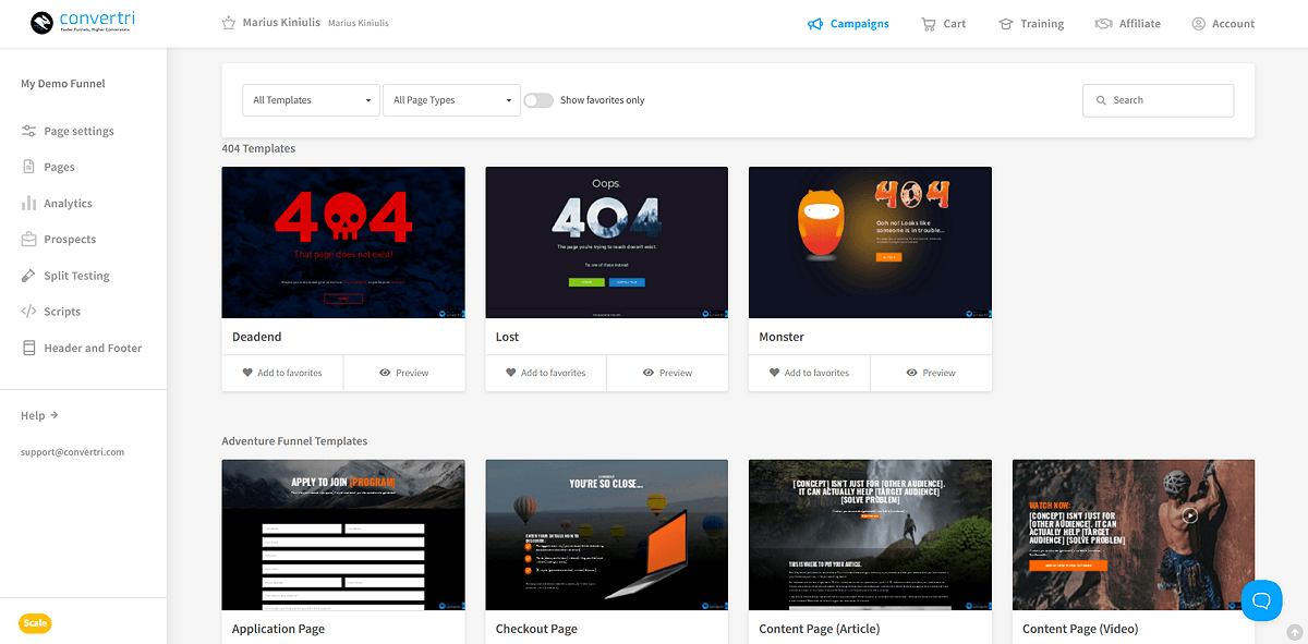 Convertri Funnel Templates Dashboard