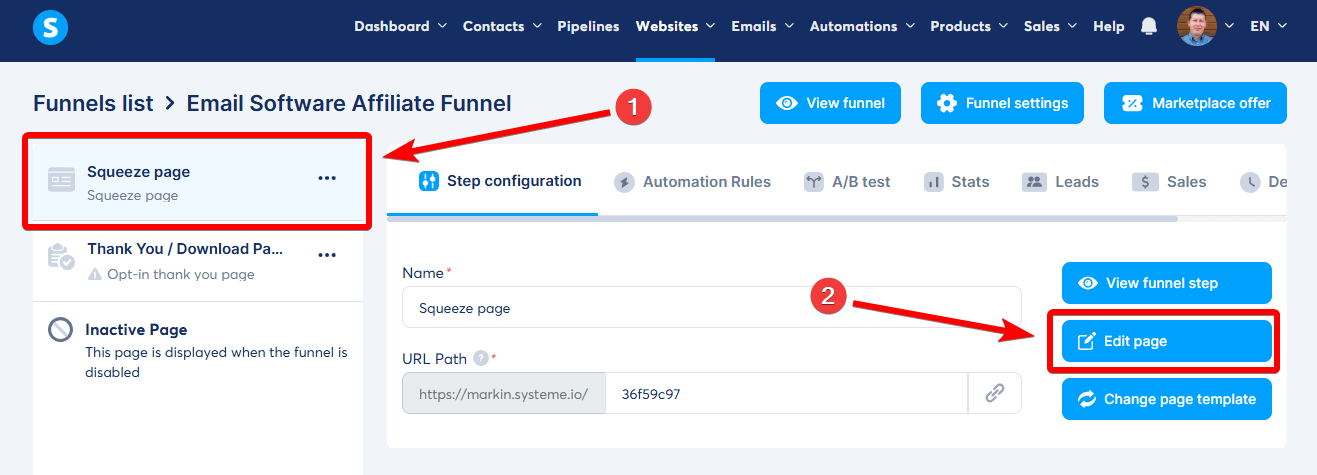 Edit Landing Page in Systeme.io