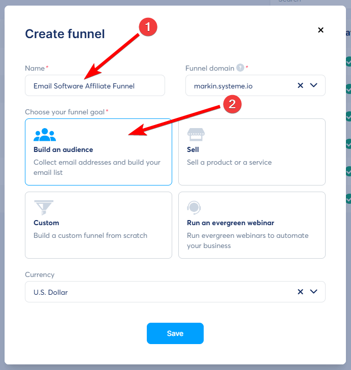 Fill Funnel Name and Goal in Systeme.io