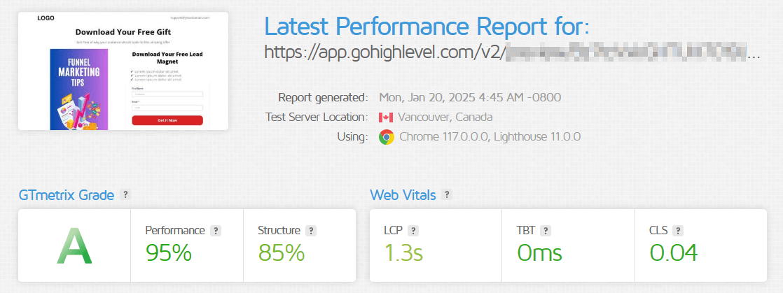 GTMetrix Loading Speed Test for GoHighLevel