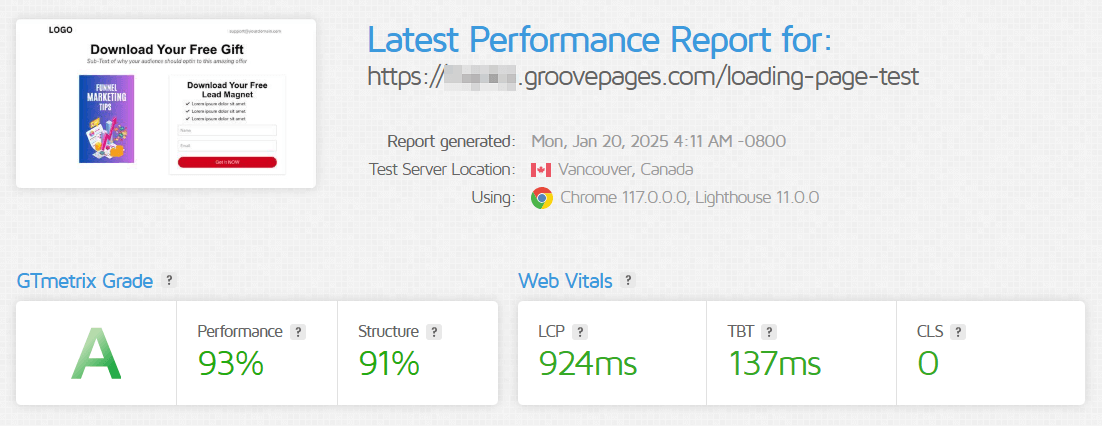 GTMetrix Loading Speed Test for Groove.cm