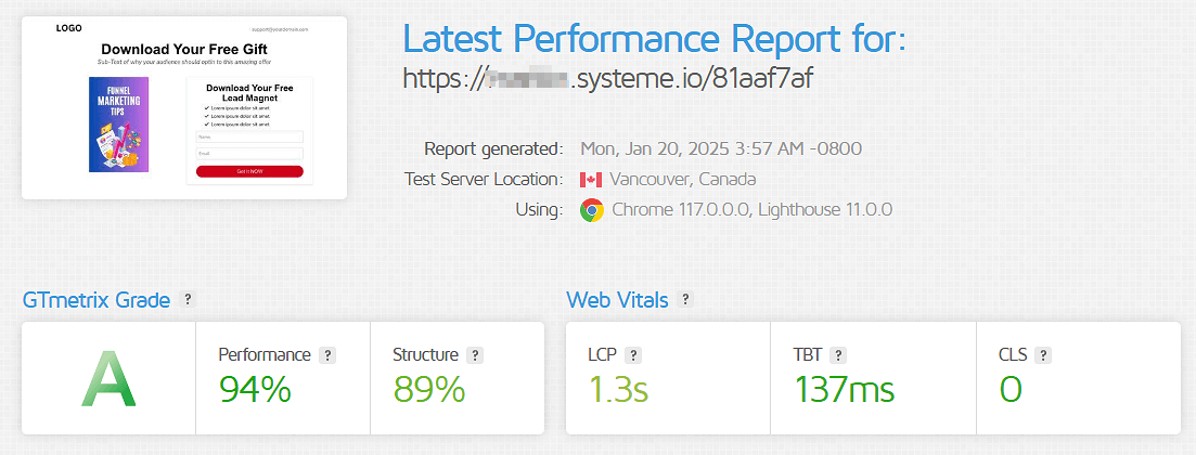 GTMetrix Loading Test for Systeme.io