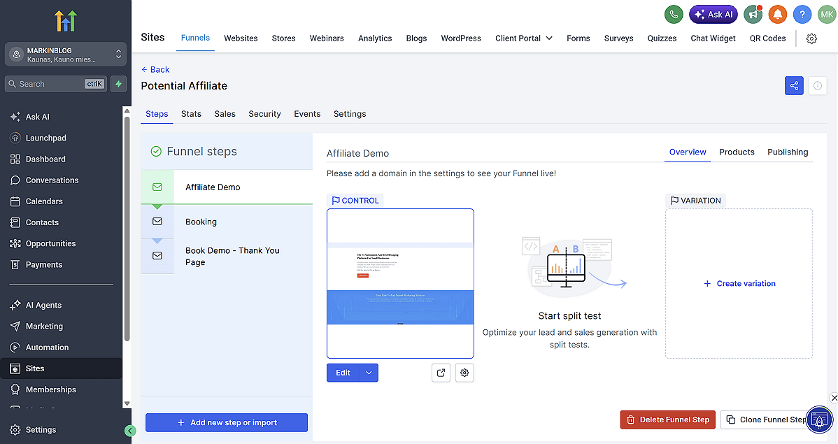 GoHighLevel Funnel Builder Dashboard