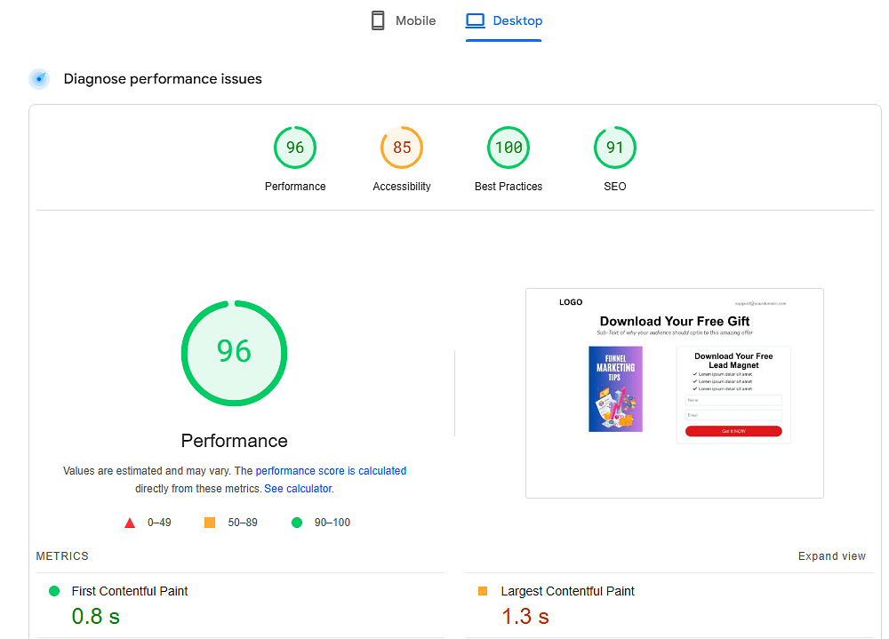 Google Page Speed Loading Test for Kartra