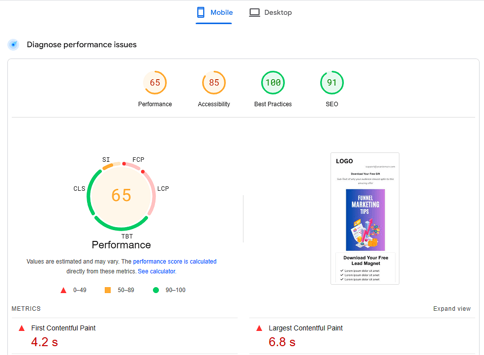 Google Page Speed Mobile Loading Test for Kartra