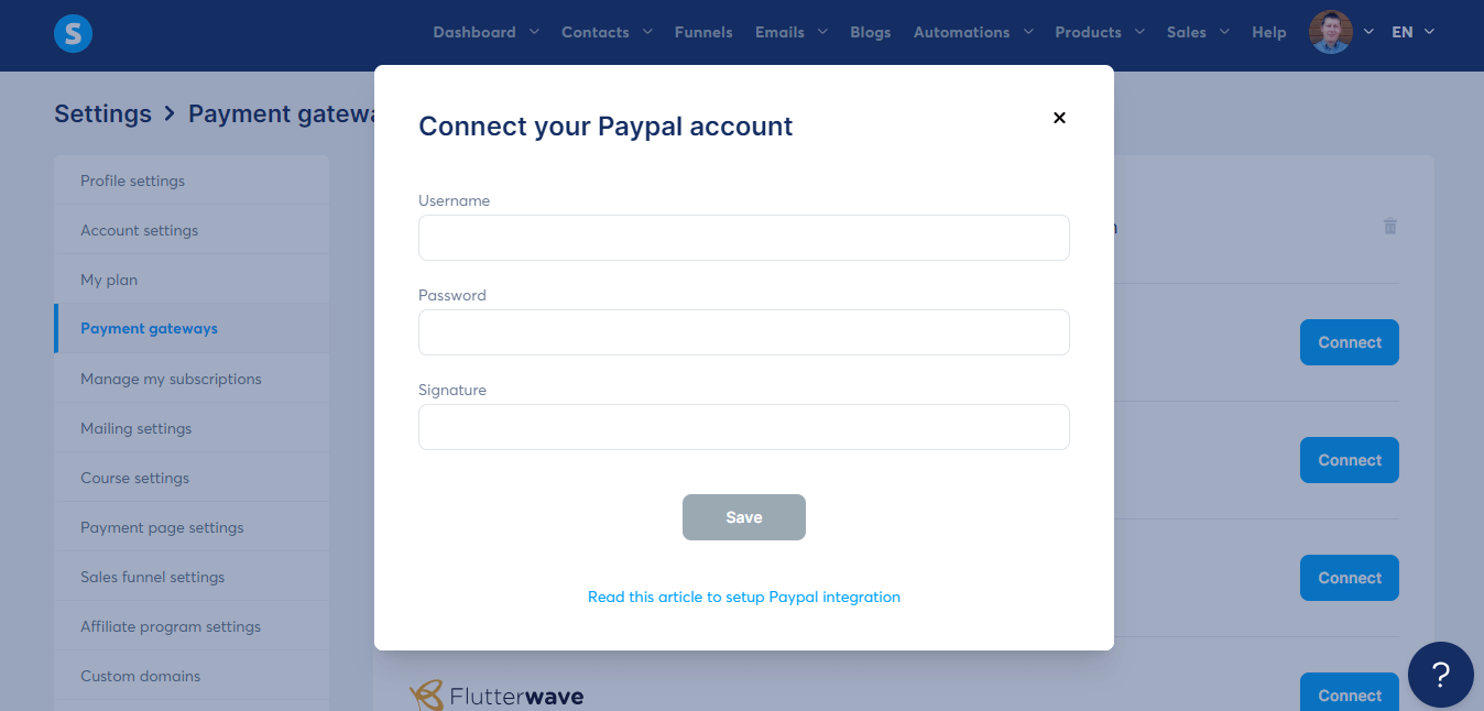 Input Payment Gateway Details into Systeme