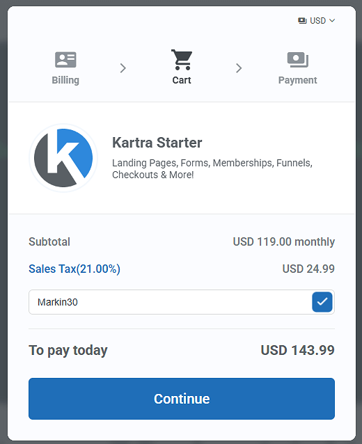 Kartra Discount Enter Coupon Code Markin30