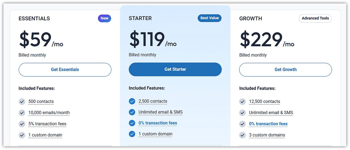 Kartra Pricing Plans Table