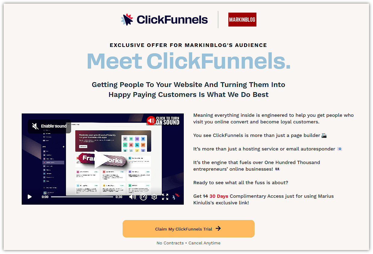 MARKINBLOG arrangement of ClickFunnels 30-Day Free Trial