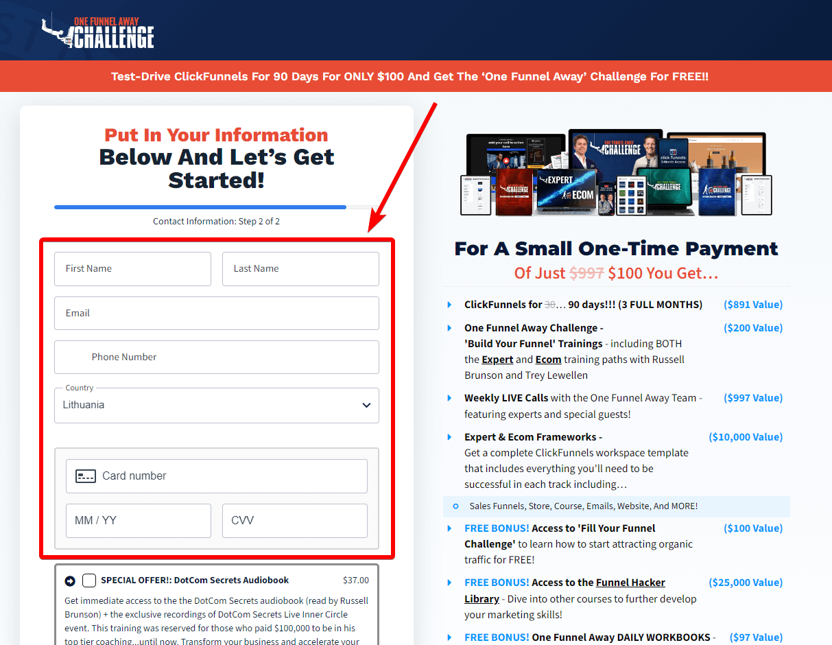 One Funnel Away Challenge Fill Order Form