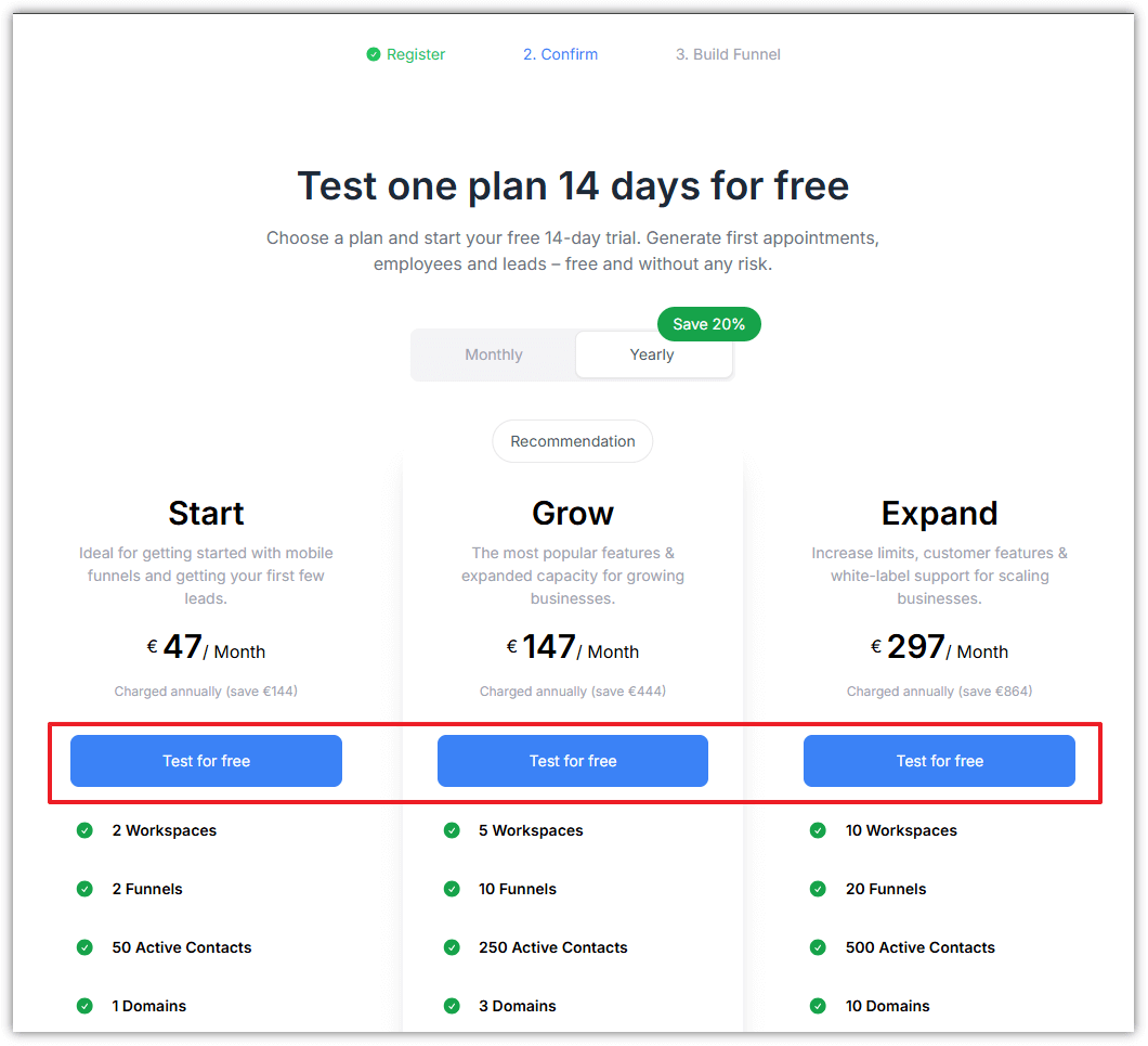 Perspective Funnels - Choose a Plan