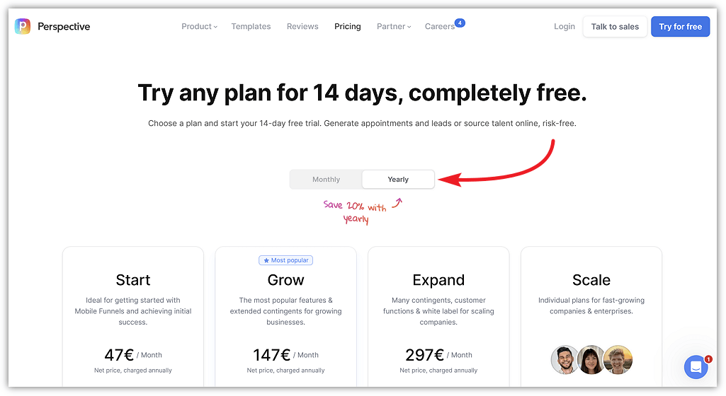 Perspective Funnels pricing Toggle to Switch to Annual