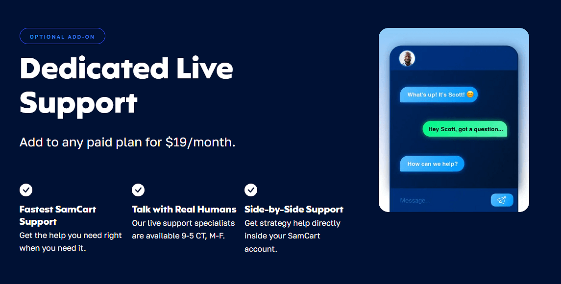 SamCart Dedicated Live Support