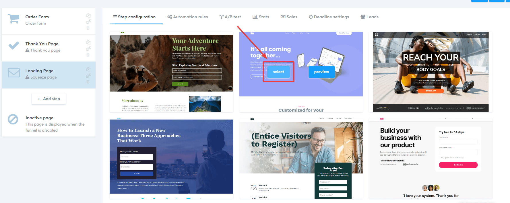 Select Template for Systeme Landing Page