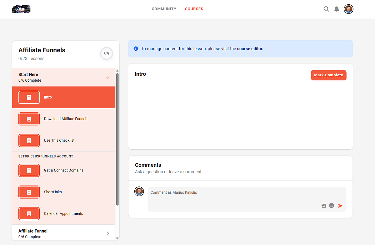 Simple ClickFunnels Course Dashboard