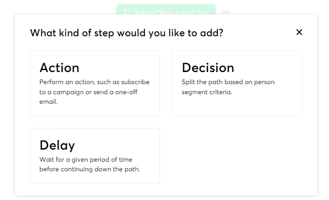 Systeme.io Worflow What Kinf of Step would you like to add