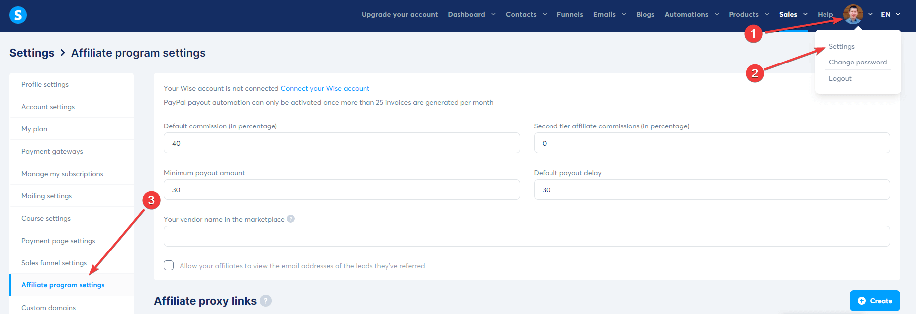 Systeme Affiliate Program Settings