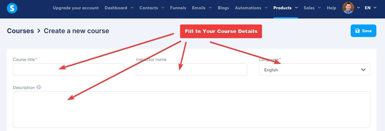 Systeme.io Fill in Course Details