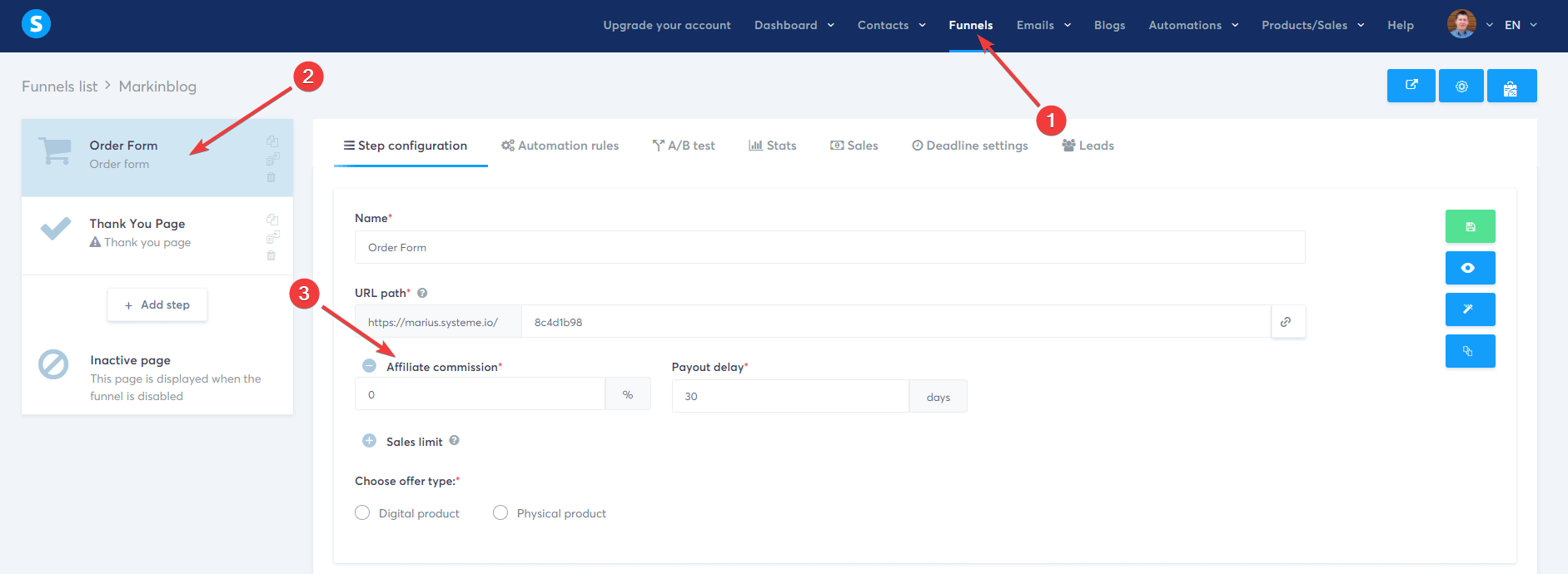Systeme.io Adjust affiliate commissions in a funnel.