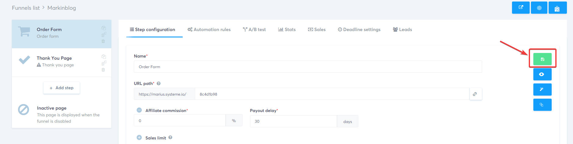 Systeme.io Save Affiliate Commissions in a Funnel