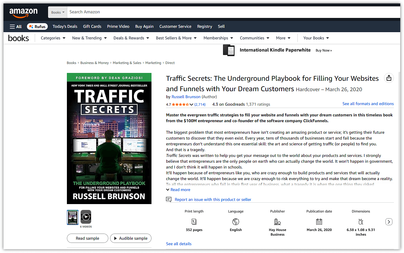 Traffic Secrets Book on Amazon